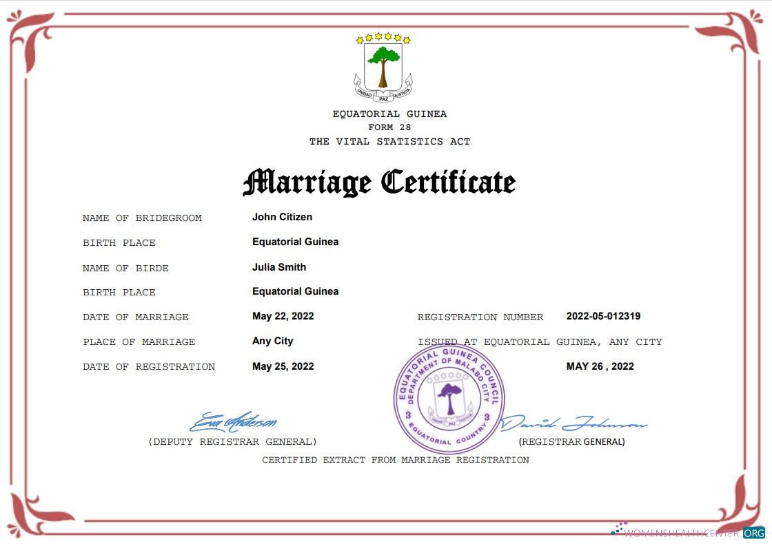 Качественный Скачать Equatorial Гвинея Marriage Certificate Word и PDF Шаблон Photoshop Шаблон