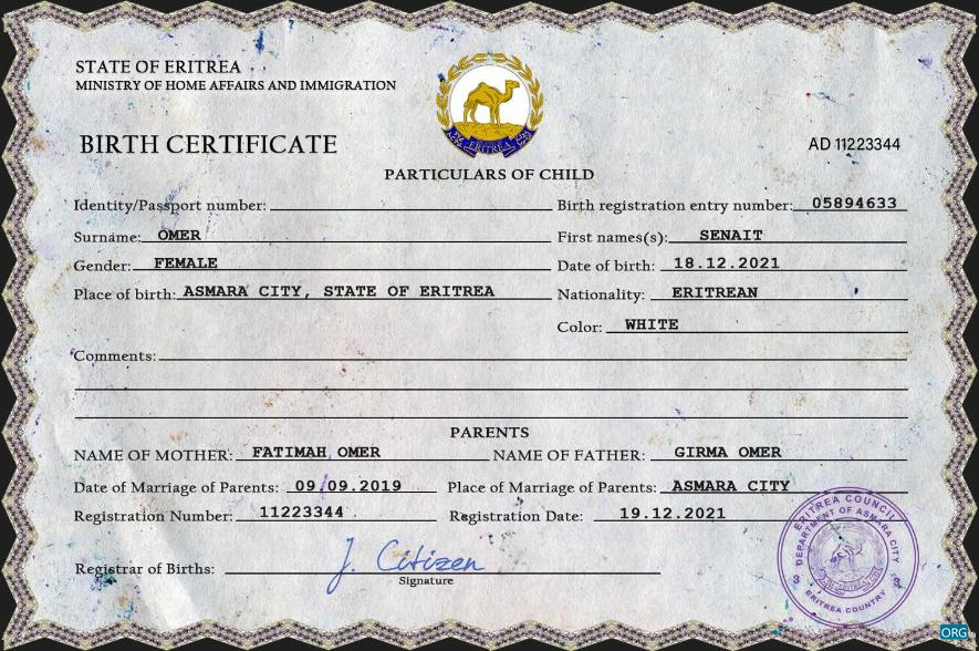Реалистичный Скачать Эритрея Vital Record Birth Certificate PSD Шаблон Photoshop Шаблон