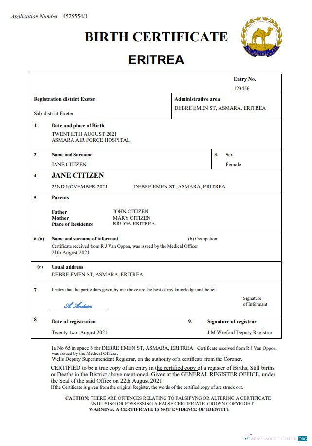 Премиум Скачать Эритрея Vital Record Birth Certificate Word и PDF Шаблон Photoshop Шаблон