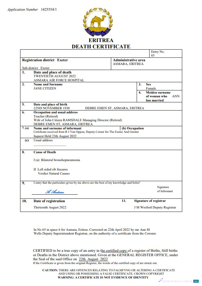 Профессиональный Скачать Эритрея Vital Record Death Certificate Word и PDF Шаблон Photoshop Шаблон
