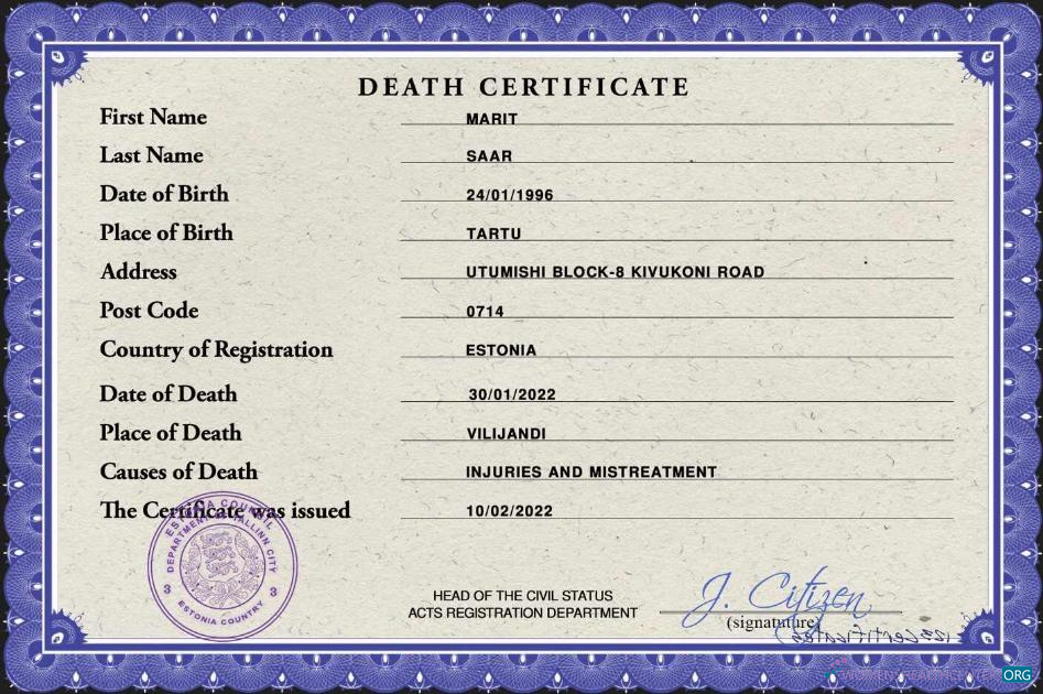 Профессиональный Скачать Эстония Death Certificate PSD Шаблон Photoshop Шаблон