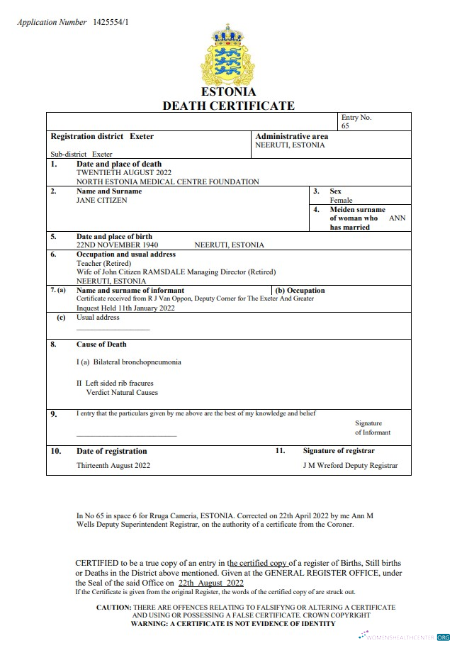Качественный Скачать Эстония Death Certificate Word и PDF Шаблон Photoshop Шаблон