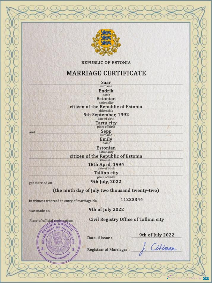 Редактируемый Скачать Эстония Marriage Certificate PSD Шаблон Photoshop Шаблон