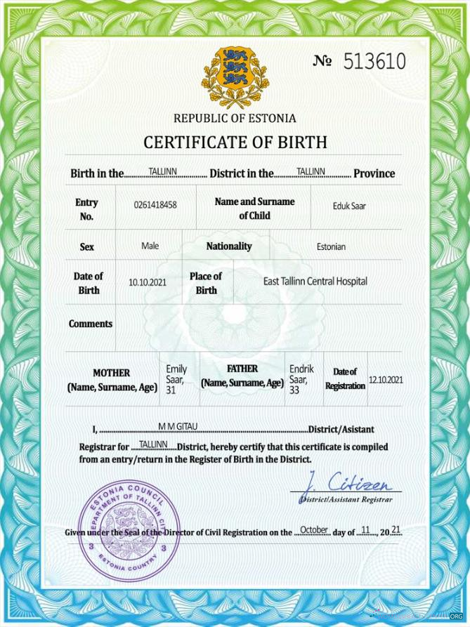Качественный Скачать Эстония Vital Record Birth Certificate PSD Шаблон Photoshop Шаблон