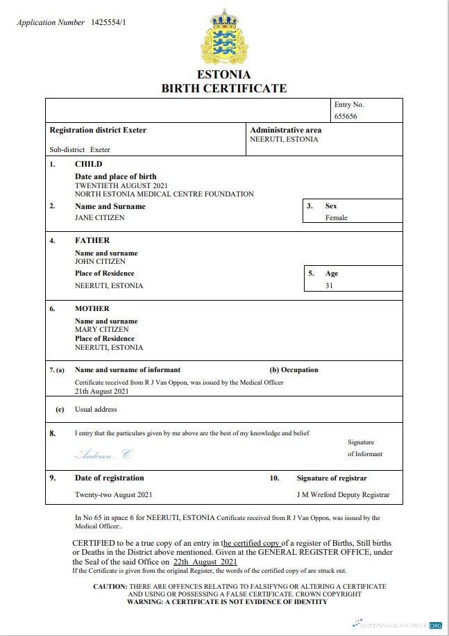 Реалистичный Скачать Эстония Vital Record Birth Certificate Word и PDF Шаблон Photoshop Шаблон