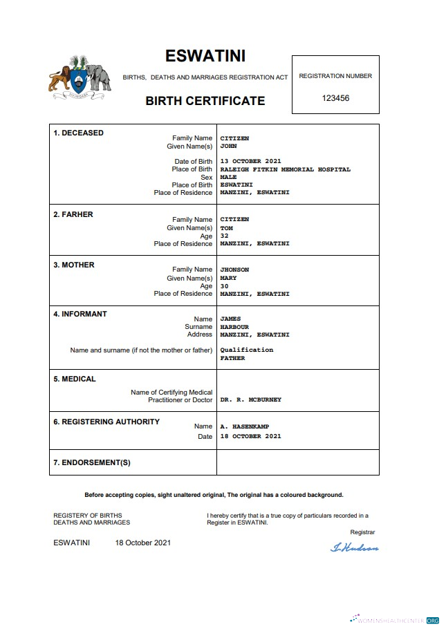 Профессиональный Скачать Eswatini Birth Certificate Word и PDF Шаблон Photoshop Шаблон