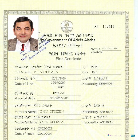 Реалистичный Скачать Эфиопия Government Addis Ababa Birth Certificate Photoshop Шаблон
