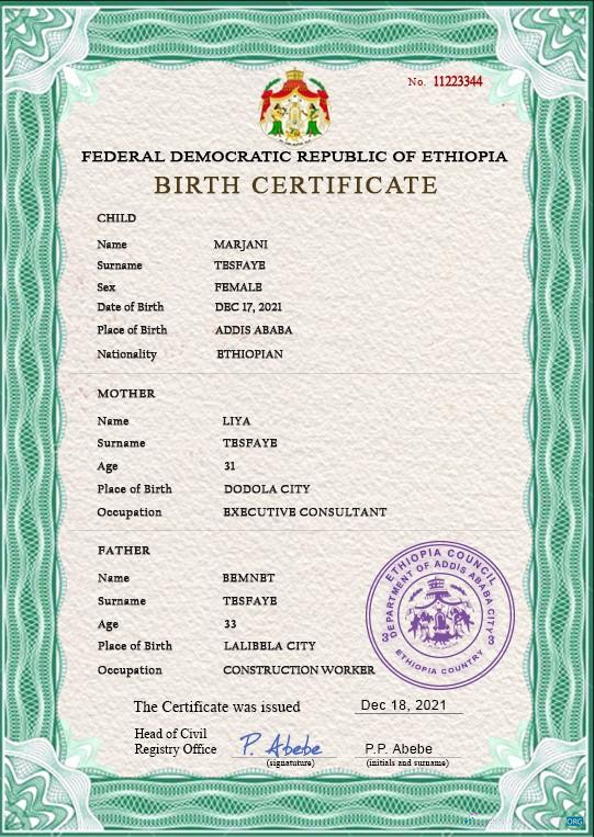 Профессиональный Скачать Эфиопия Birth Certificate PSD Шаблон Photoshop Шаблон