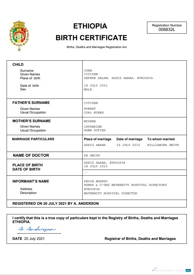 Профессиональный Скачать Эфиопия Vital Record Birth Certificate Word и PDF Шаблон Photoshop Шаблон