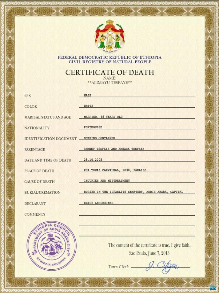 Профессиональный Скачать Эфиопия Vital Record Death Certificate PSD Шаблон Photoshop Шаблон