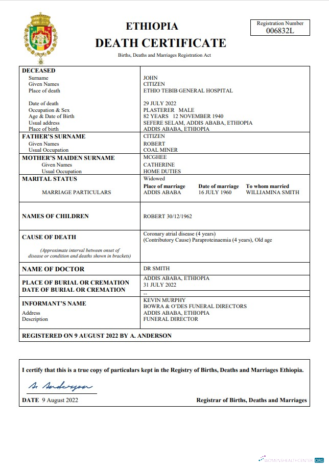 Реалистичный Скачать Эфиопия Vital Record Death Certificate Word и PDF Шаблон Photoshop Шаблон