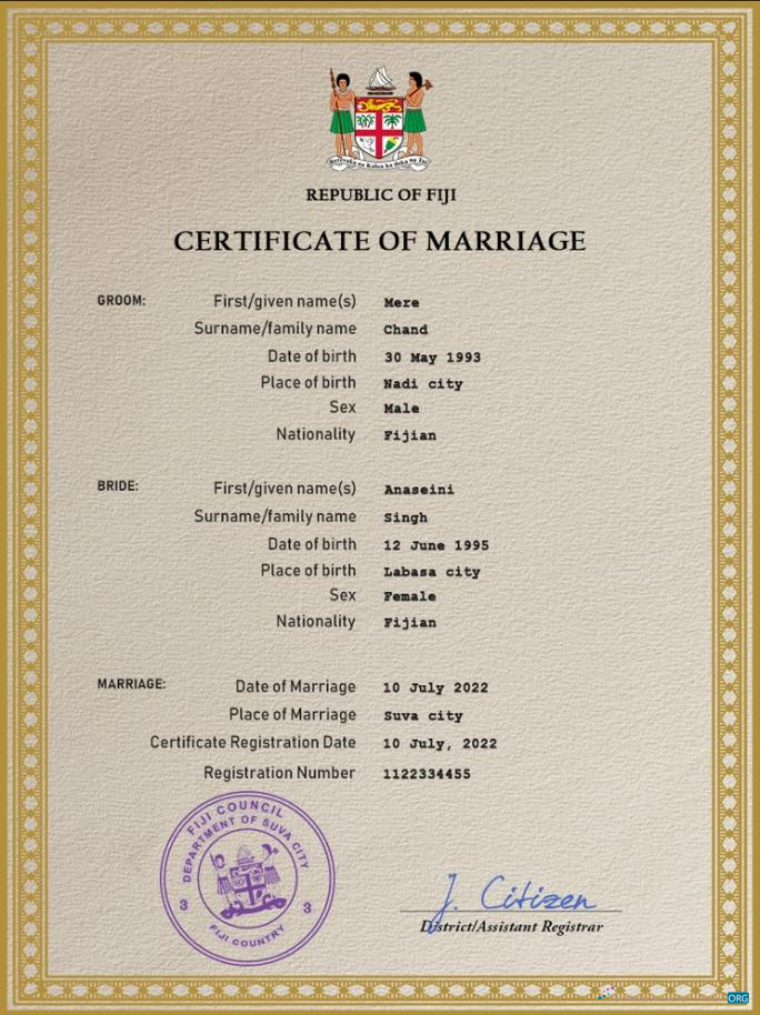 Редактируемый Скачать Фиджи Marriage Certificate PSD Шаблон Photoshop Шаблон