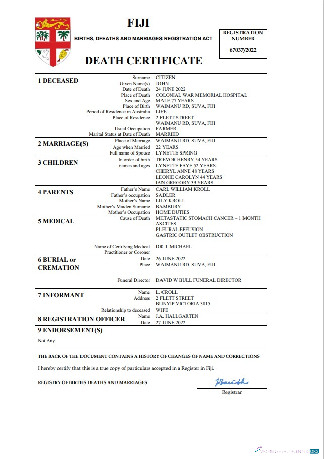 Редактируемый Скачать Фиджи Vital Record Death Certificate Word и PDF Шаблон Photoshop Шаблон