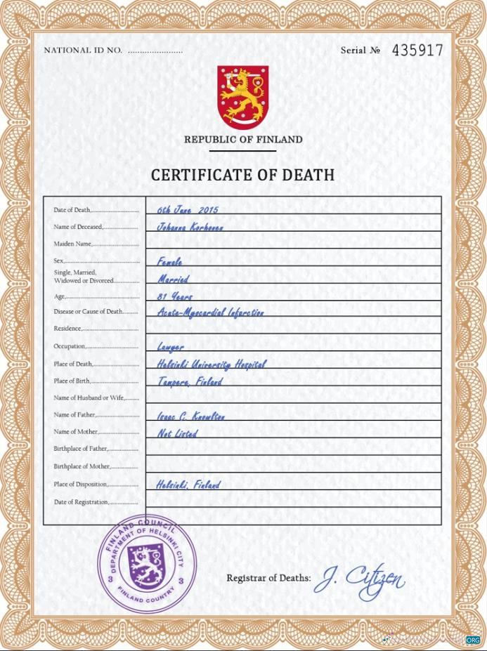 Профессиональный Скачать Финляндия Death Certificate PSD Шаблон Photoshop Шаблон