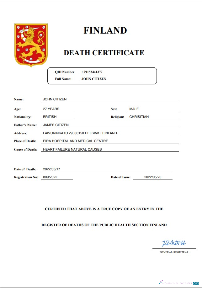 Редактируемый Скачать Финляндия Death Certificate Word и PDF Шаблон Photoshop Шаблон