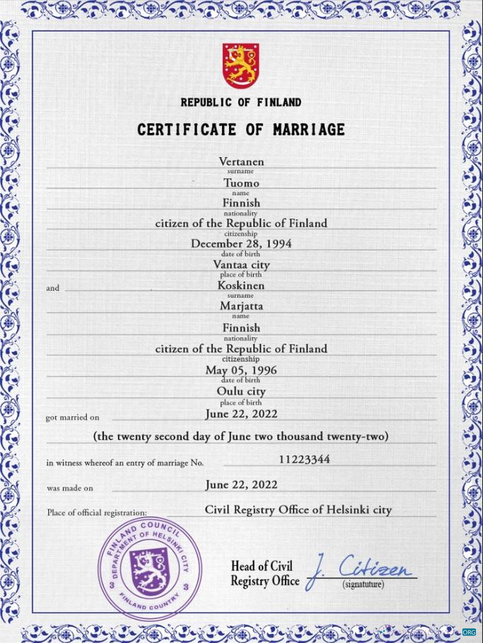 Редактируемый Скачать Финляндия Marriage Certificate PSD Шаблон Photoshop Шаблон