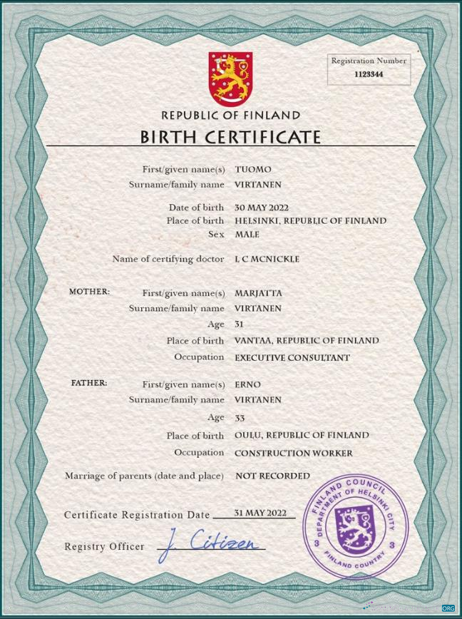 Качественный Скачать Финляндия Vital Record Birth Certificate PSD Шаблон Photoshop Шаблон