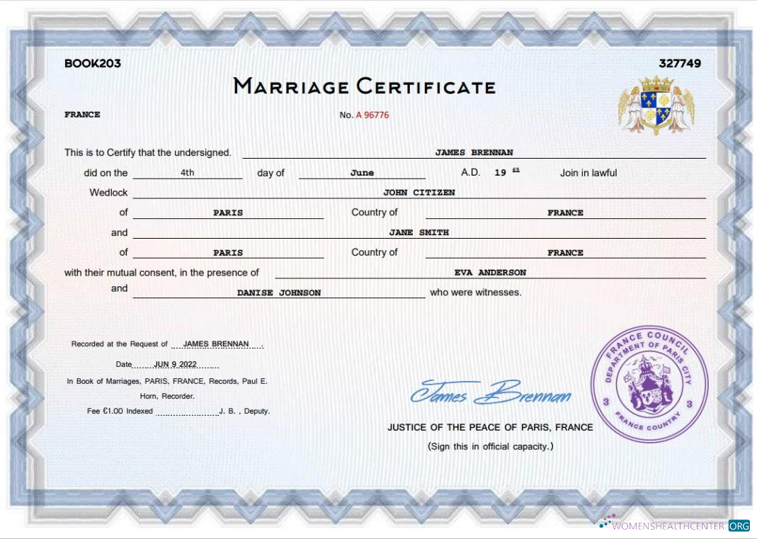 Профессиональный Скачать Франция Marriage Certificate Word и PDF Шаблон Photoshop Шаблон