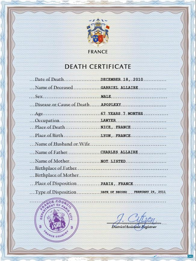 Премиум Скачать Франция Vital Record Death Certificate PSD Шаблон Photoshop Шаблон