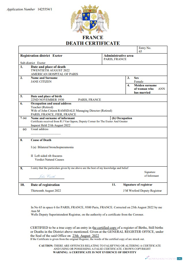 Профессиональный Скачать Франция Vital Record Death Certificate Word и PDF Шаблон Photoshop Шаблон