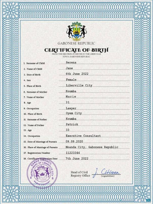 Качественный Скачать Габон Birth Certificate PSD Шаблон Photoshop Шаблон