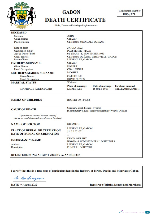 Качественный Скачать Габон Death Certificate Word и PDF Шаблон Photoshop Шаблон
