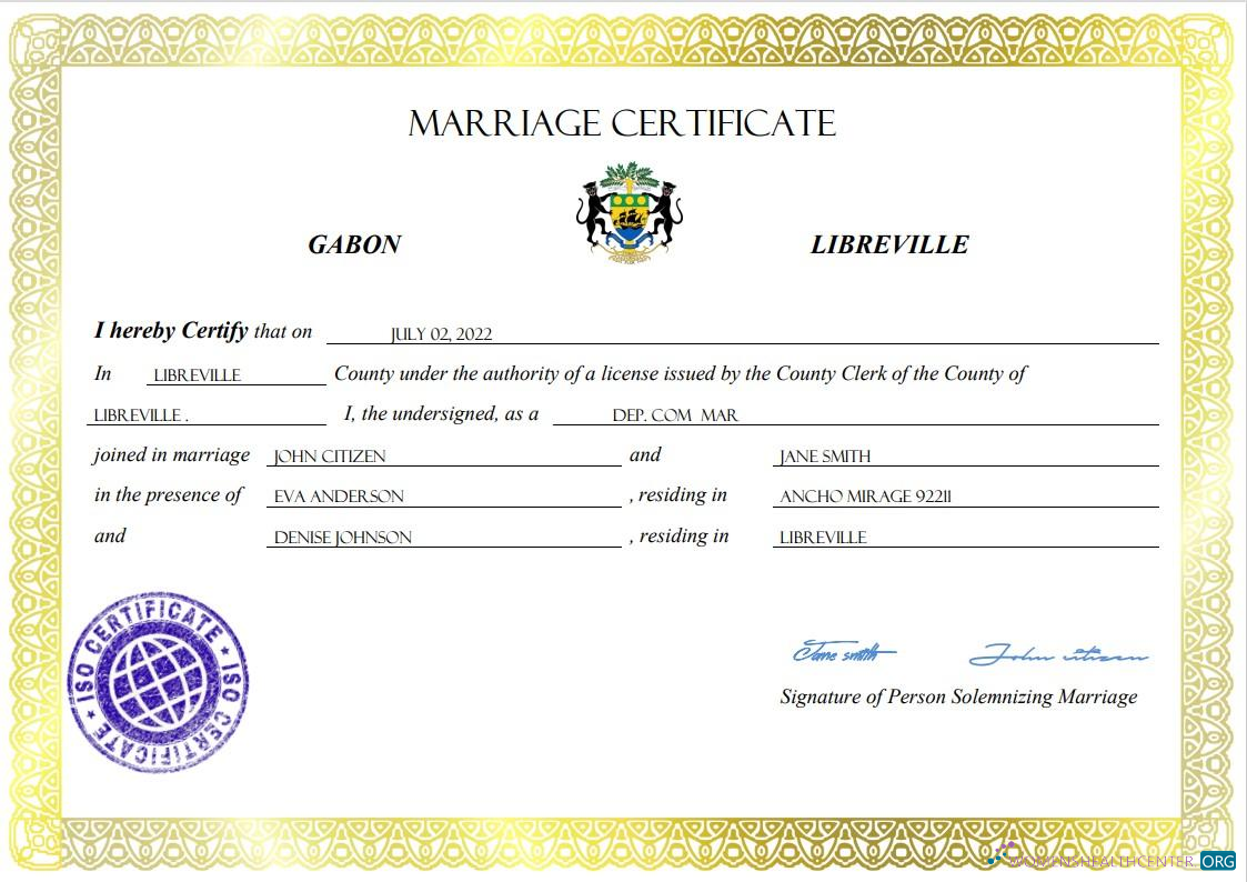Редактируемый Скачать Габон Marriage Certificate Word и PDF Шаблон Photoshop Шаблон