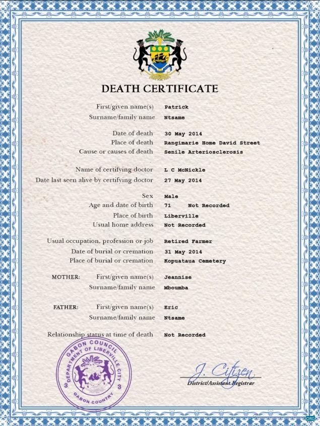 Профессиональный Скачать Габон Vital Record Death Certificate PSD Шаблон Photoshop Шаблон
