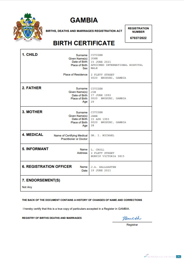 Реалистичный Скачать Гамбия Birth Certificate Word и PDF Шаблон Photoshop Шаблон