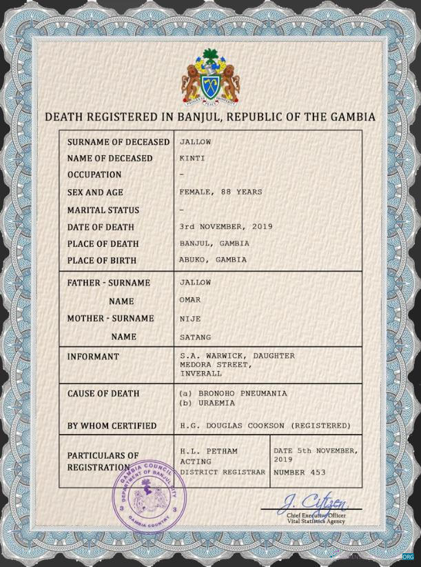 Качественный Скачать Гамбия Death Certificate PSD Шаблон Photoshop Шаблон
