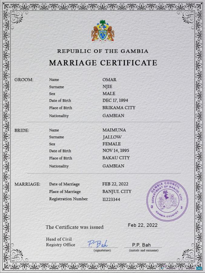 Профессиональный Скачать Гамбия Marriage Certificate PSD Шаблон Photoshop Шаблон