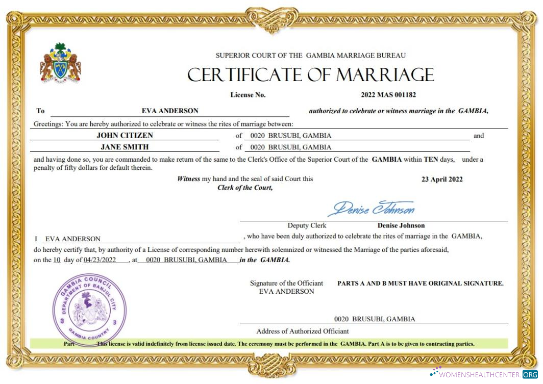 Профессиональный Скачать Гамбия Marriage Certificate Word и PDF Шаблон Photoshop Шаблон