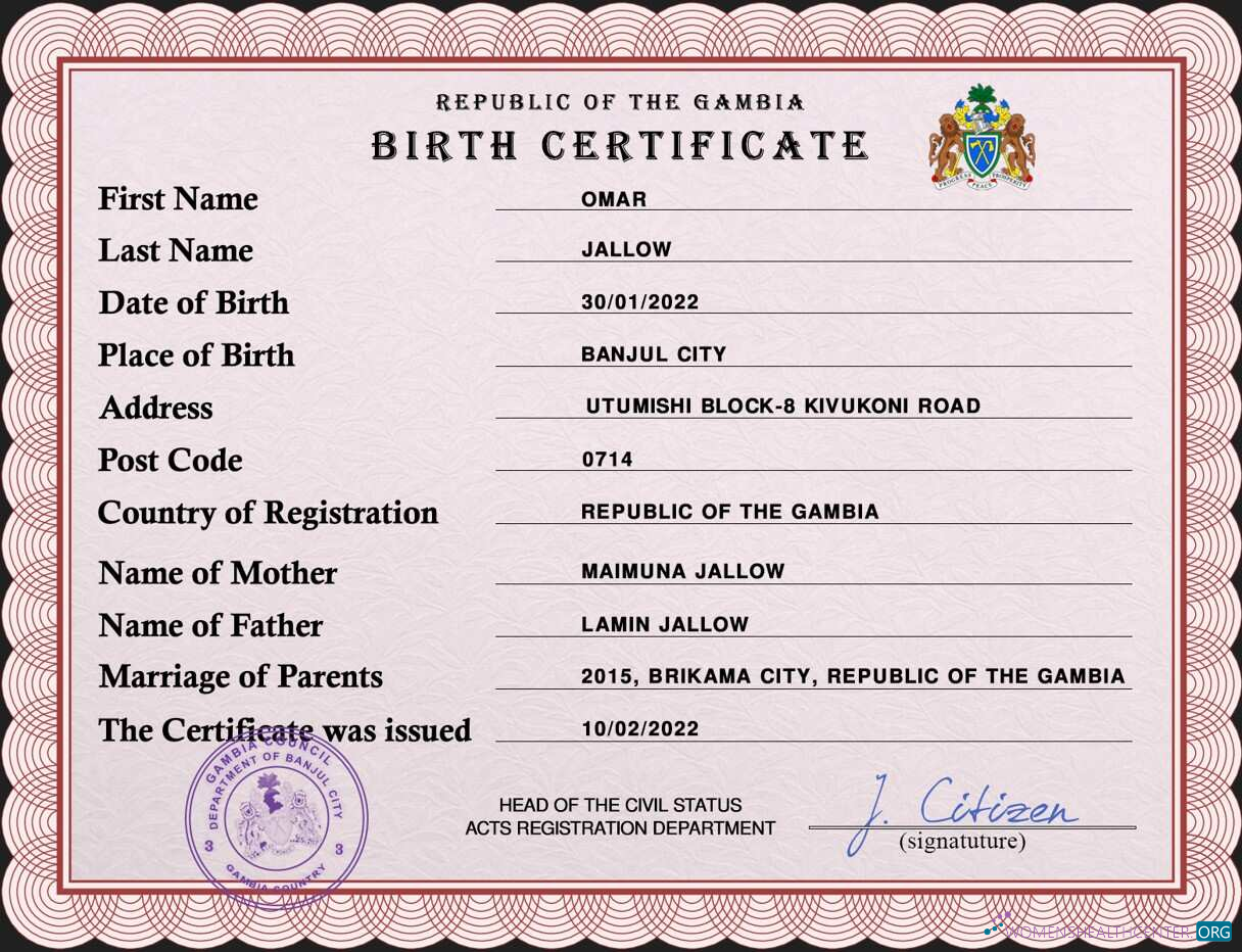 Редактируемый Скачать Гамбия Vital Record Birth Certificate PSD Шаблон Photoshop Шаблон