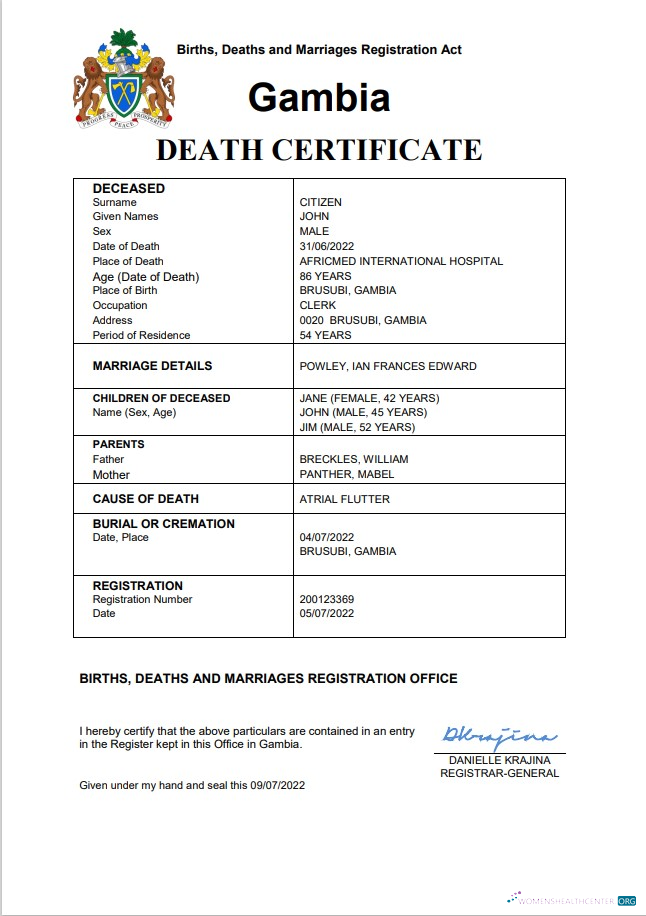 Профессиональный Скачать Гамбия Vital Record Death Certificate Word и PDF Photoshop Шаблон
