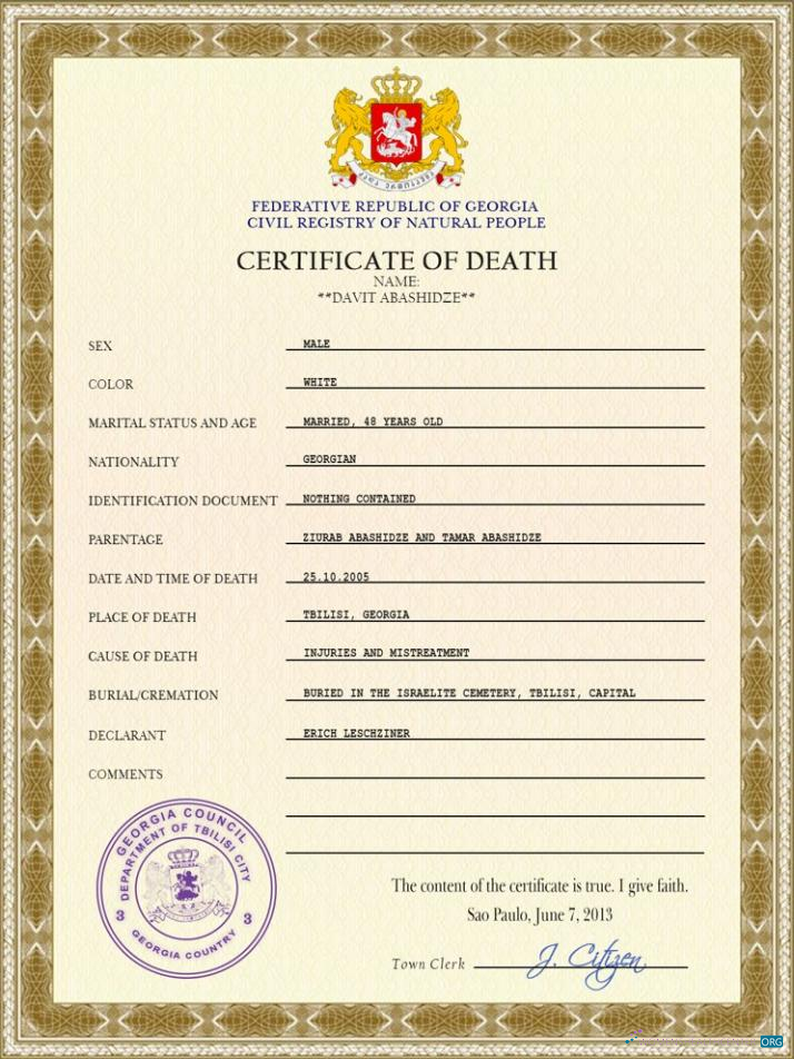 Реалистичный Скачать Грузия Vital Record Death Certificate PSD Шаблон Photoshop Шаблон
