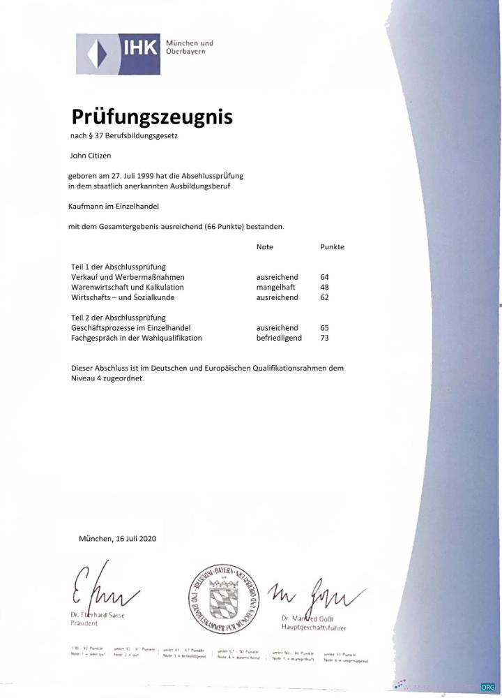 Реалистичный Скачать Германия IHK Munich Examination Certificate Word и PDF Шаблон Photoshop Шаблон