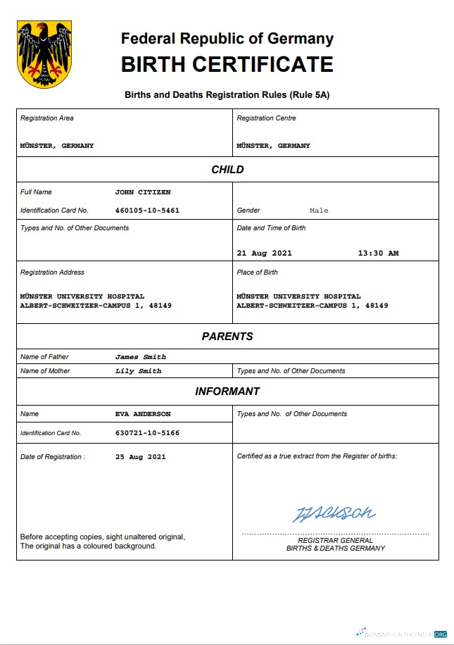 Редактируемый Скачать Германия Birth Certificate Word и PDF Шаблон Photoshop Шаблон