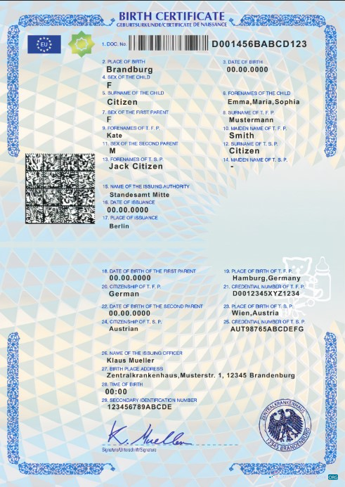 Качественный Скачать Германия Birth Certificate Шаблон в PSD Формат Photoshop Шаблон