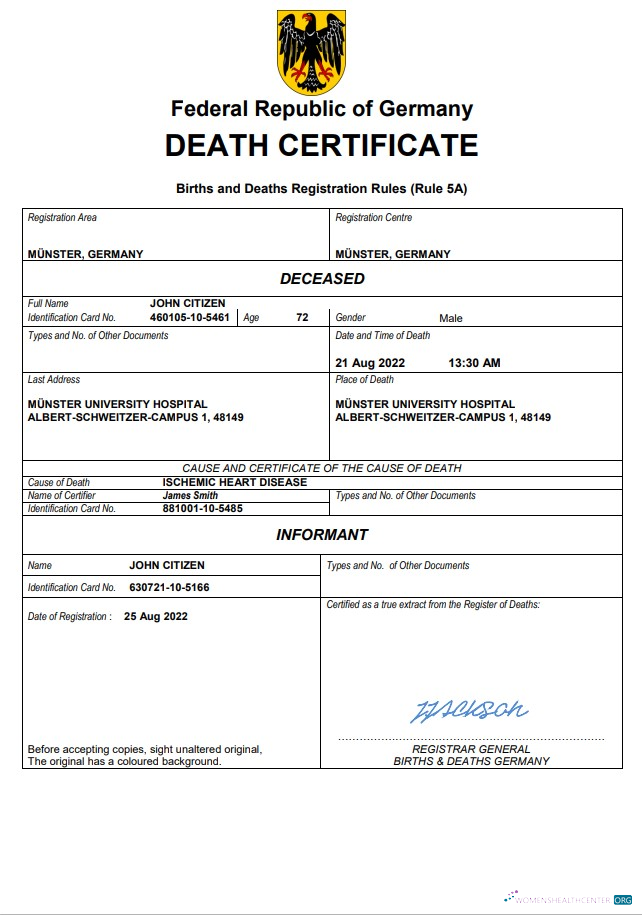 Качественный Скачать Германия Death Certificate Word и PDF Шаблон Photoshop Шаблон