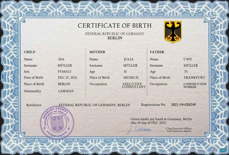 Редактируемый Скачать Германия Vital Record Birth Certificate PSD Шаблон Photoshop Шаблон