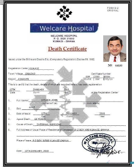 Реалистичный Скачать Гана Welcare Hospital Death Certificate Photoshop Шаблон