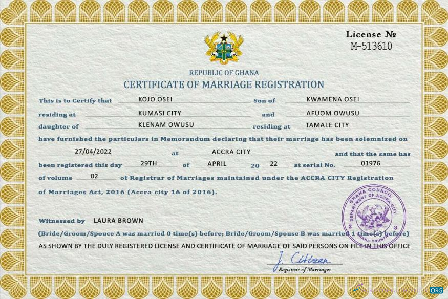 Реалистичный Скачать Гана Marriage Certificate PSD Шаблон Photoshop Шаблон
