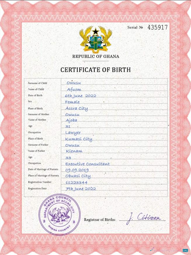 Премиум Скачать Гана Vital Record Birth Certificate PSD Шаблон Photoshop Шаблон
