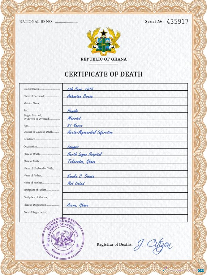 Премиум Скачать Гана Vital Record Death Certificate PSD Шаблон Photoshop Шаблон