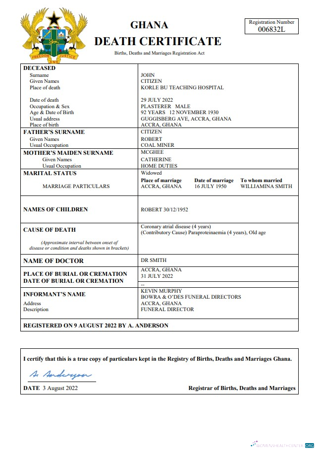 Премиум Скачать Гана Vital Record Death Certificate Word и PDF Шаблон Photoshop Шаблон