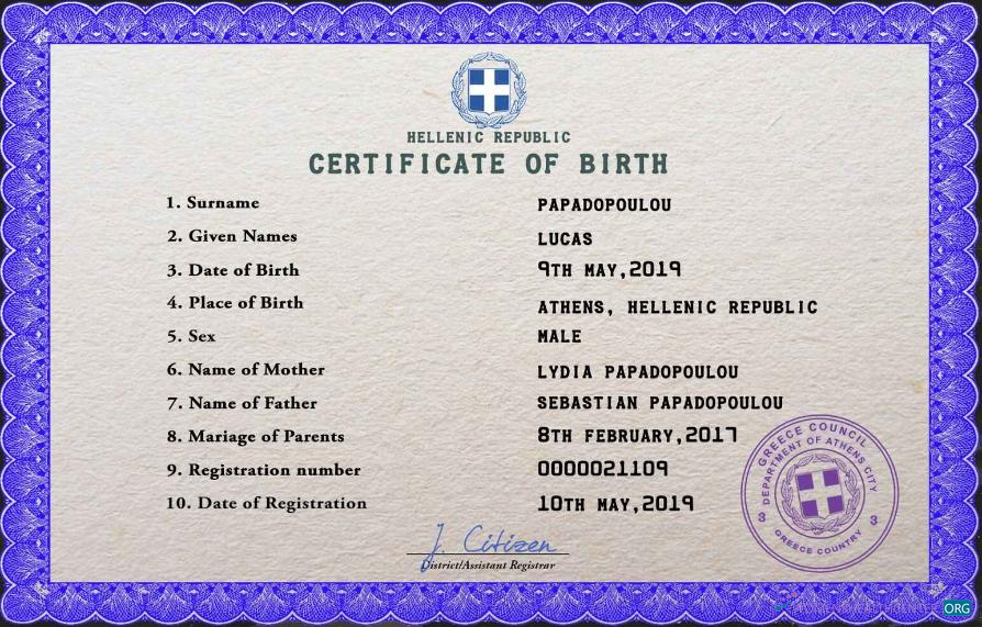 Качественный Скачать Греция Birth Certificate PSD Шаблон Photoshop Шаблон