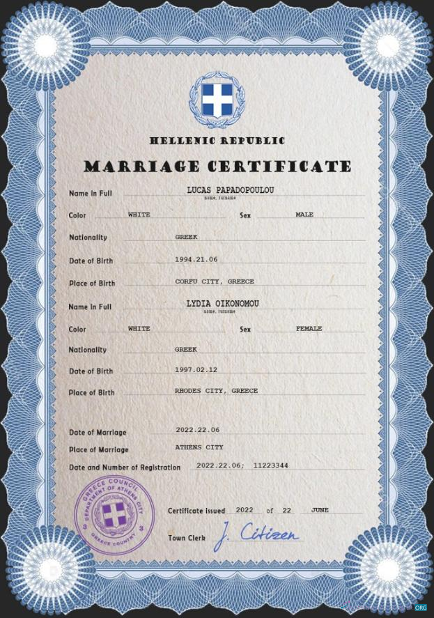 Редактируемый Скачать Греция Marriage Certificate PSD Шаблон Photoshop Шаблон