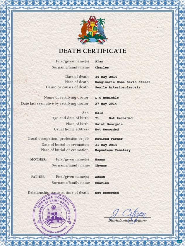 Качественный Скачать Гренада Death Certificate PSD Шаблон Photoshop Шаблон
