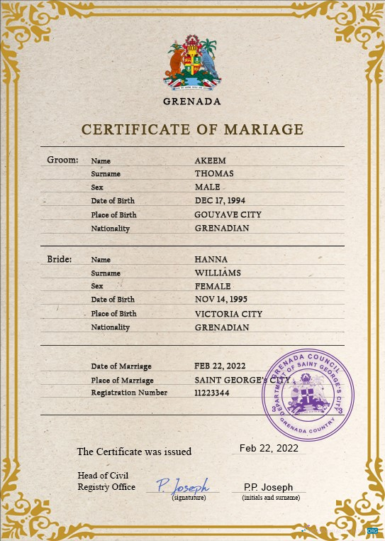 Профессиональный Скачать Гренада Marriage Certificate PSD Шаблон Photoshop Шаблон