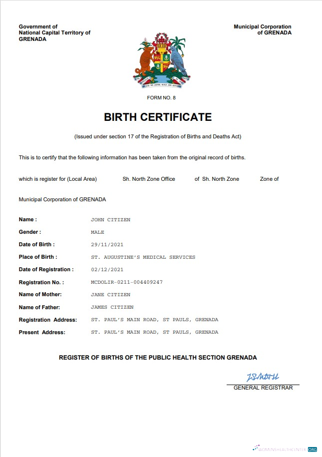 Редактируемый Скачать Гренада Vital Record Birth Certificate Word и PDF Шаблон Photoshop Шаблон
